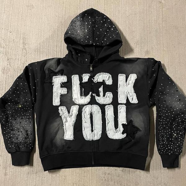 Customizable Distressed Applique Embroidery Hoodie Rhinestone Zip Hoodie O Neck