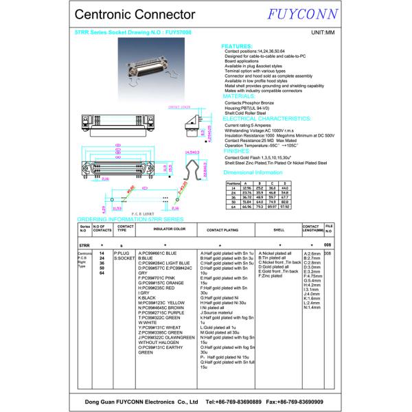 Centronic 14 Pin R/A PCB Female Connector with Spring Latches Certified UL