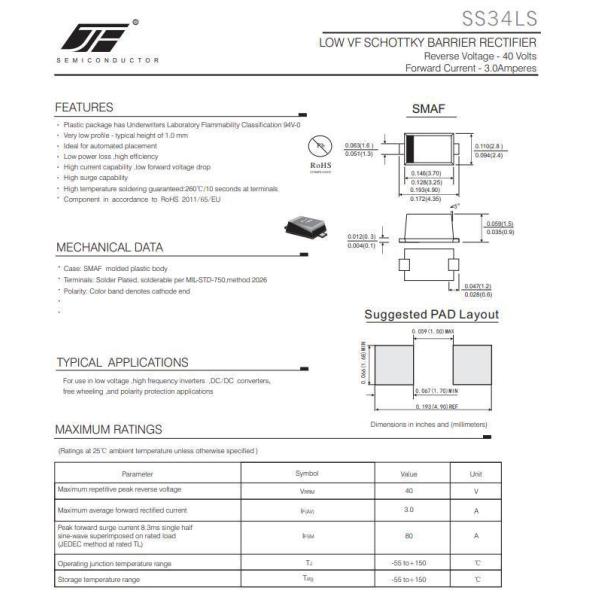 SMAF JF/SS34LS/SS36LS/SS38LS/SS310LS/SS315LS/SS320LS 3A Current Low Vf Schottky Diode