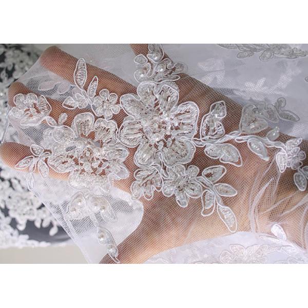 Embroidery Pearl Floral Corded Lace Fabric , White Bridal Lace Fabric With Scalloped Edge