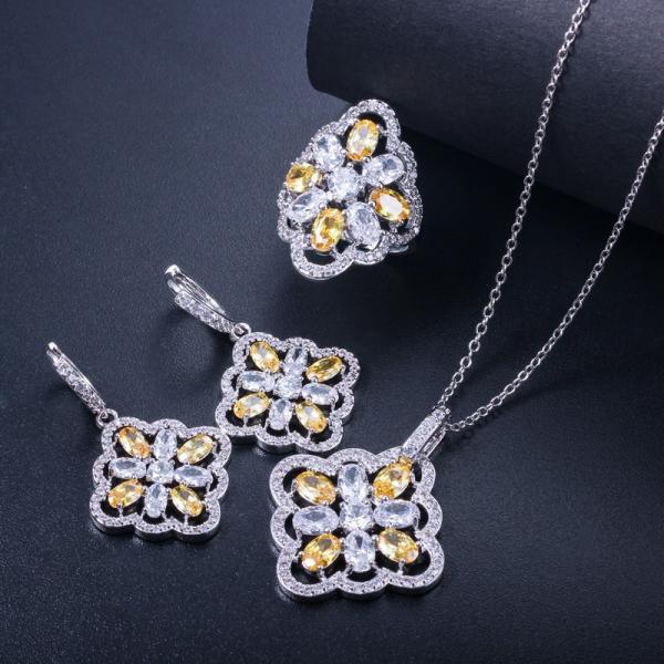 White Gold Color Luxury Bridal CZ Crystal Necklace and Earring Sets Big Wedding Jewelry Sets For Brides