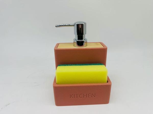 2N1 Sand Stone Kitchen Utility Caddy with Bamboo Top Sponge on Front Pocket and Debossed Letter