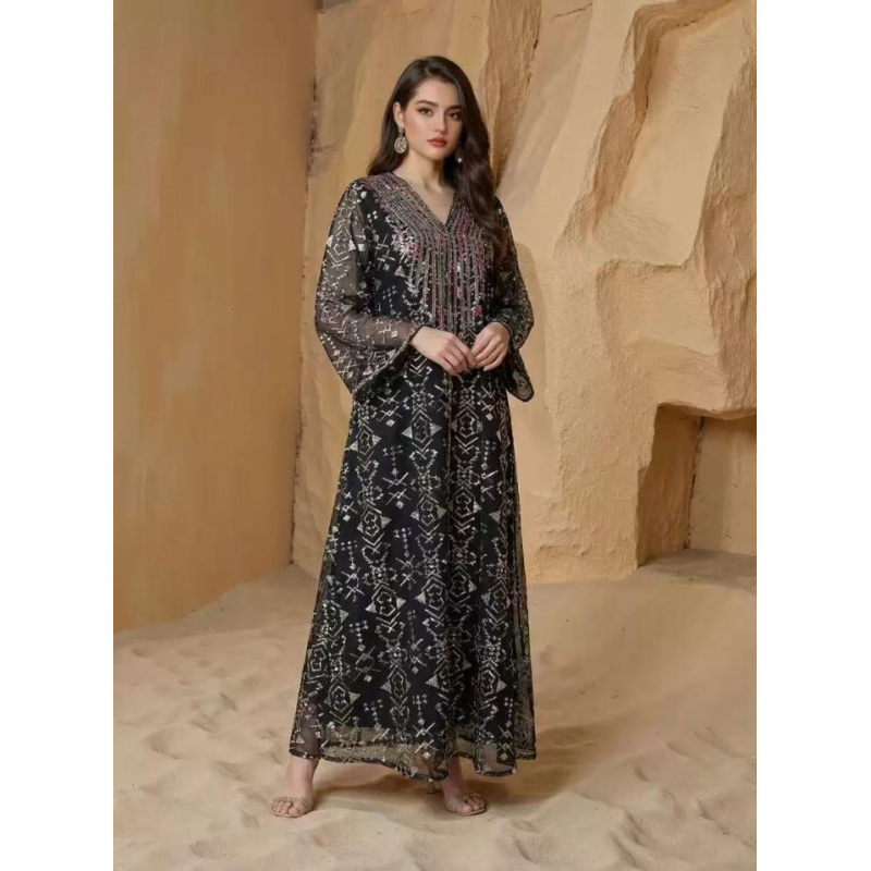 SMT131 Middle Eastern Modest Wear Night Totem Geometric Foil Print Embellished Maxi Robe