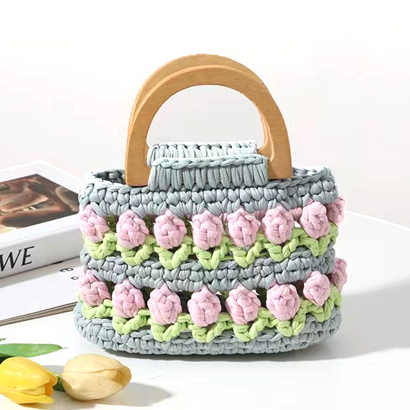 Wooden Handle Crochet Hand Bag Hand Woven Tulip Flower 16cm×15cm×6cm