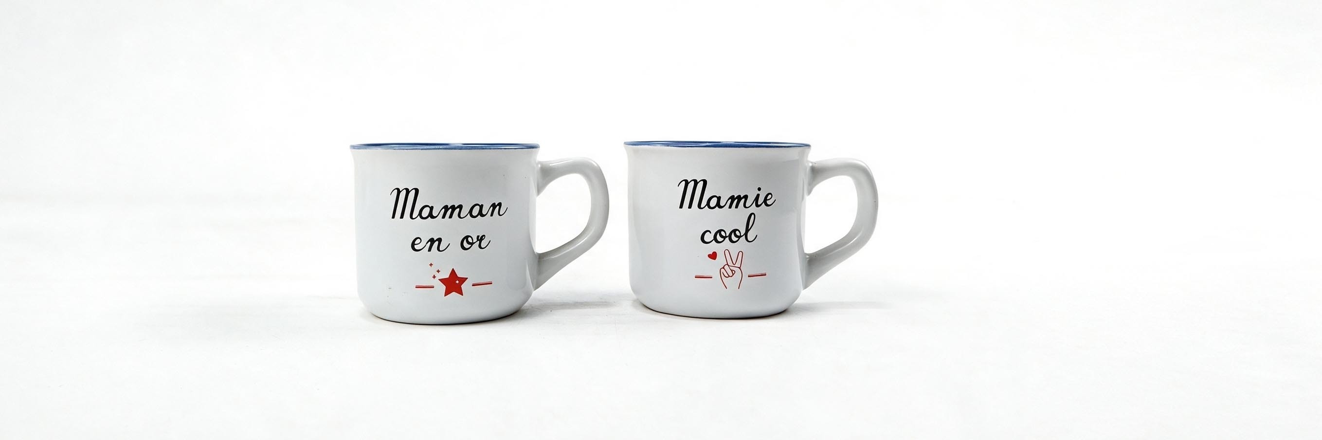 2‑Pack French Quote Ceramic Mugs, White Camp‑Style Coffee Cups with Blue Rim