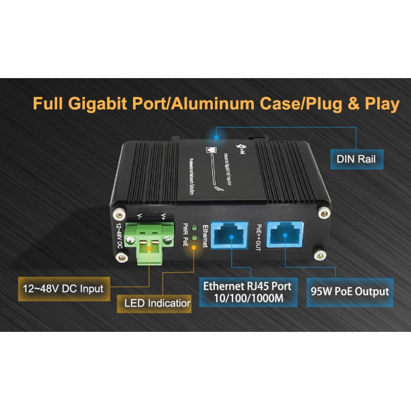 Industrial Injector Gigabit 95W 802.3bt PoE++12~48VDC RJ45 Port