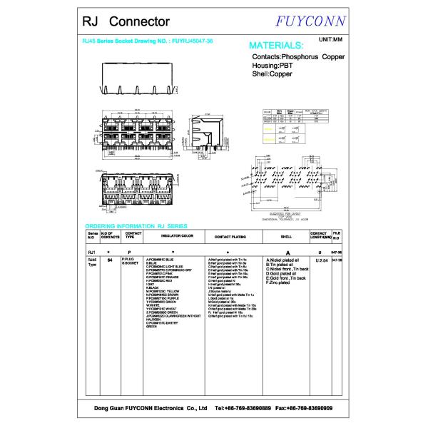 Бронза светомассы 2x4 8 переносит 64 соединитель PCB RJ45 Джек Pin женский