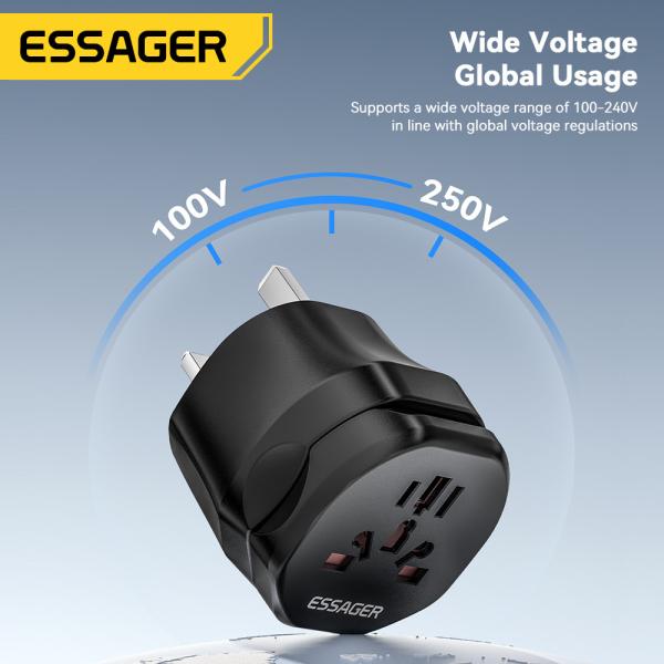 Black Travel Power Adapter ESSAGER WL-033-WL-09 Series EU UK to Universal UK to EU