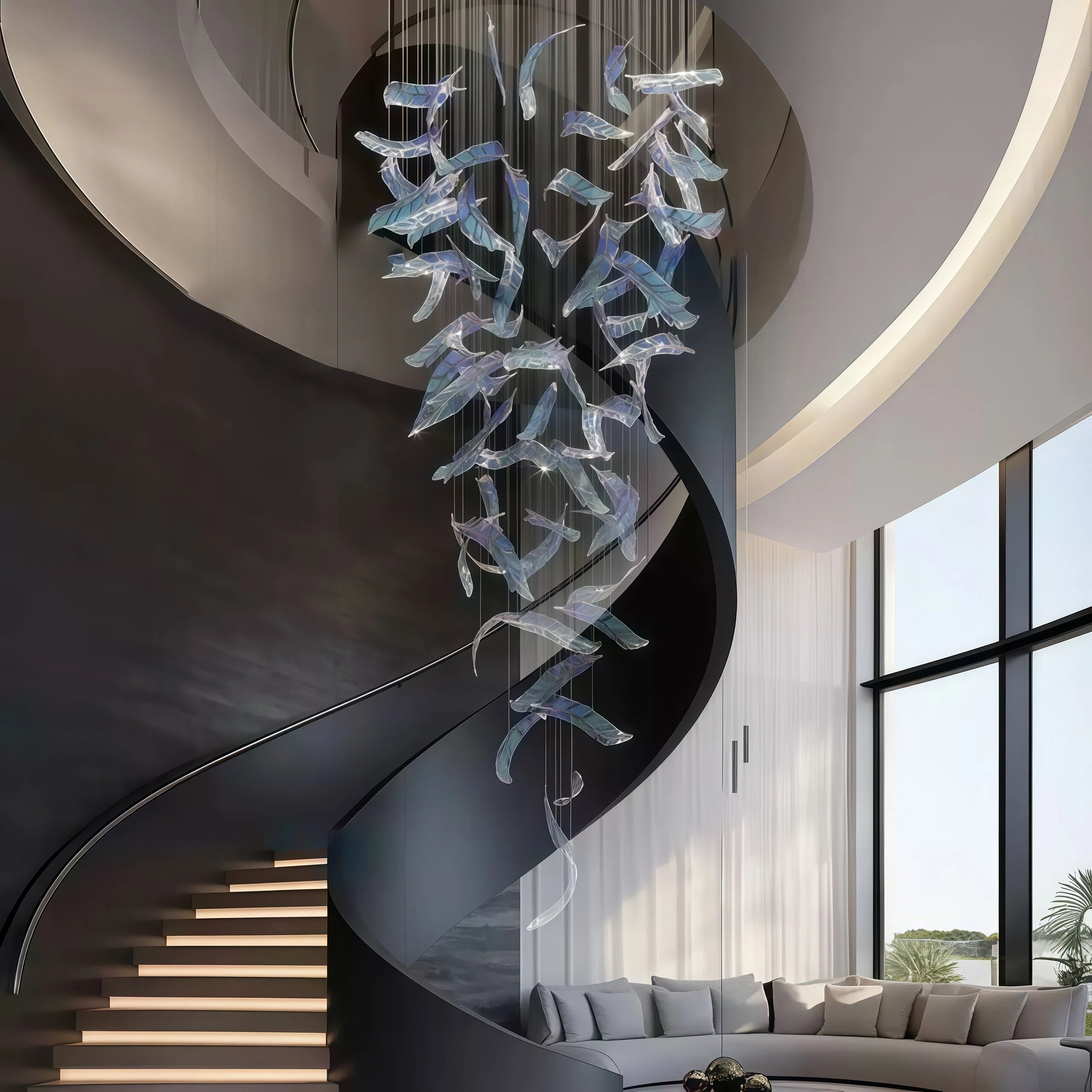 JYLIGHTING Artistic Feather Glass Custom Chandelier, Tall Vertical Suspension Lighting for High Ceiling Villa Stairwell and Lobby Interior Decoration