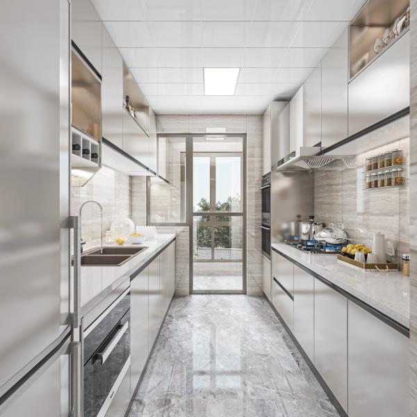 Mueble de cocina modular gris moderno con estructura de melamina