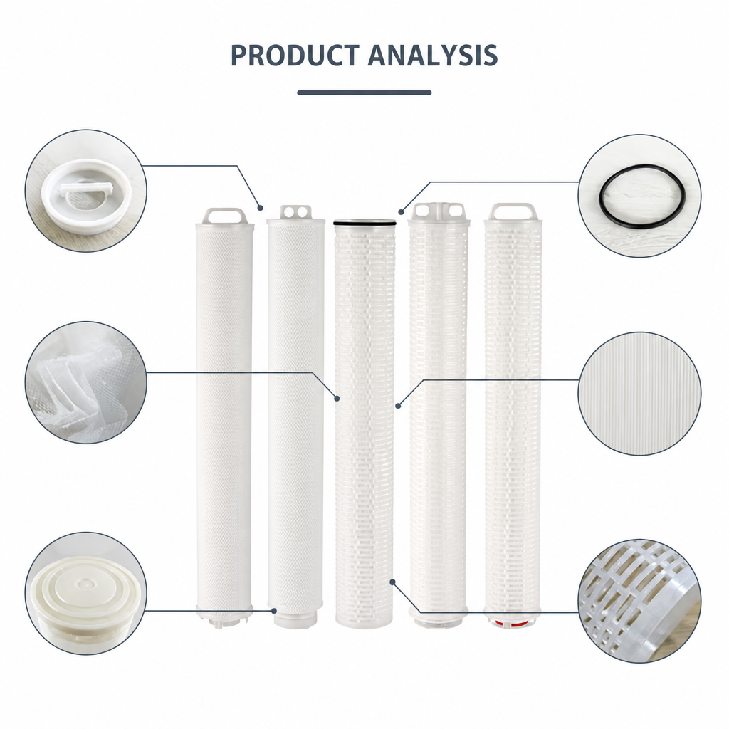 Glass Fiber Reinforced Polypropylene End Cap Polypropylene Pleated High Flow Filter Cartridge 6 Inch Diameter High Surface Area Industrial RO Pre Filtration Unit