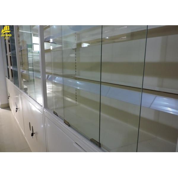 Glass Doors Steel Pharmacy Display Racks With Locker Glass Shelving