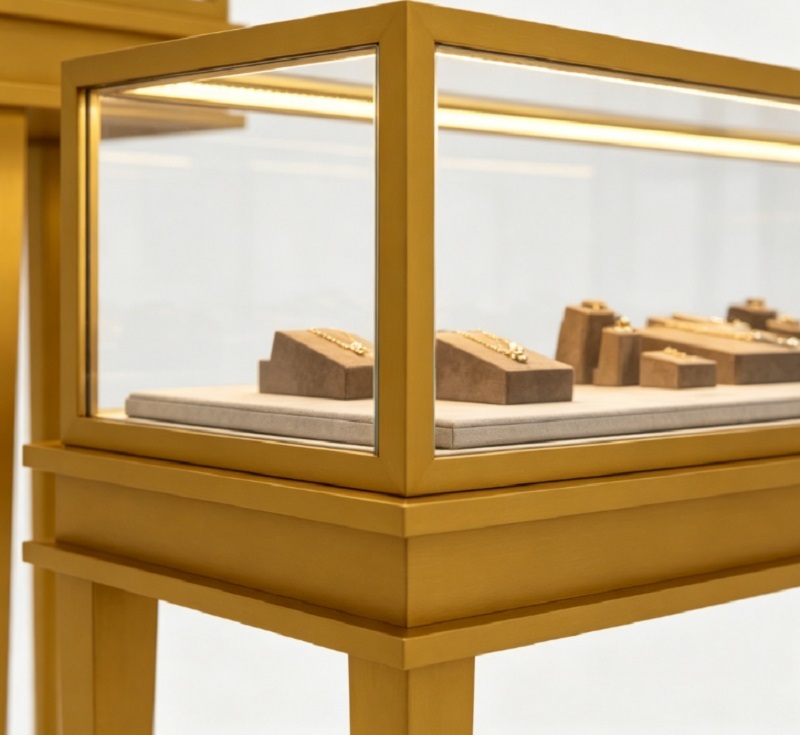 Luxury Gold Minimalist Jewelry Display Set, Complete Turnkey Showcase with Pedestal & Counter