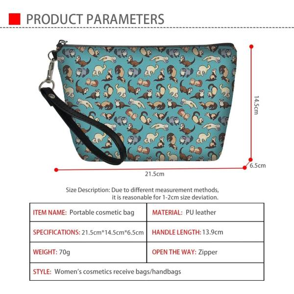 Cute Ferrets Print Small Zipper Makeup Bag with Strap Water Resistant PU Leather  Cosmetic  Bag