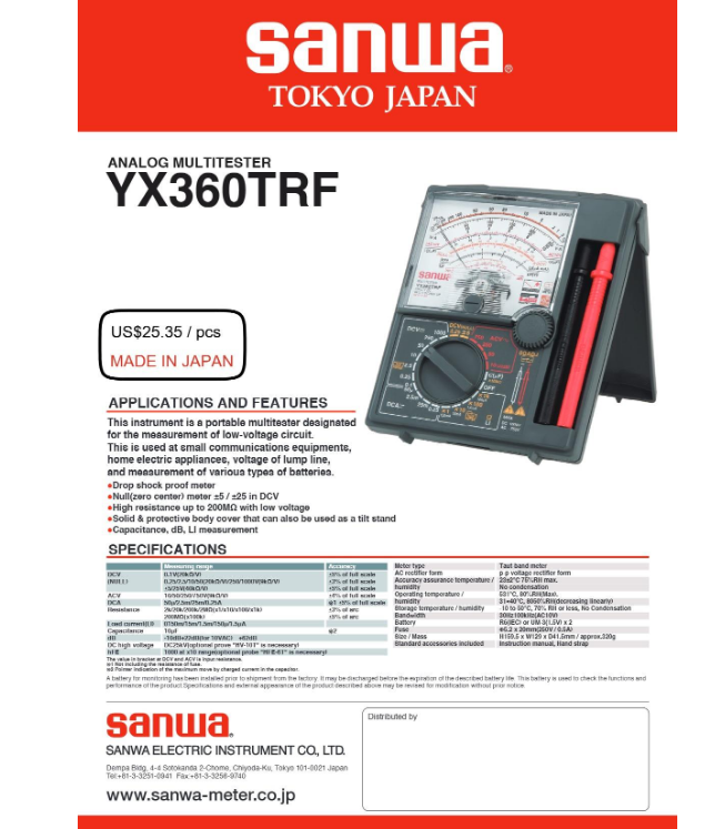 SANWA Digital Analog Multimeter Series | High Accuracy Class 0.5 | 600V AC/DC Voltage 10A Current | Low Battery Indicator | Made