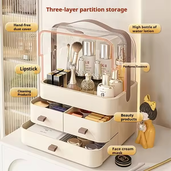 OEM Durable Plastic Cosmetic Storage Box Desktop Jewelry Organizer Makeup Storage Boxes with 3 Layers