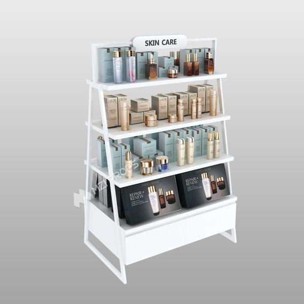 White Skincare Display Shelf  Double-Sided Transparent Central Rack for Beauty Shop Design and Cosmetic Store Decoration