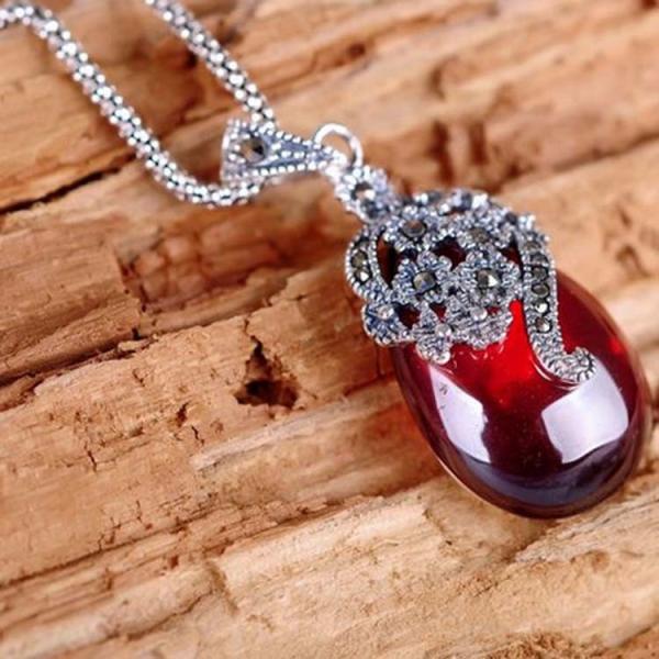 Thai 925 Silver Pendant Necklace with Red Agate Marcasite(JX467RED)