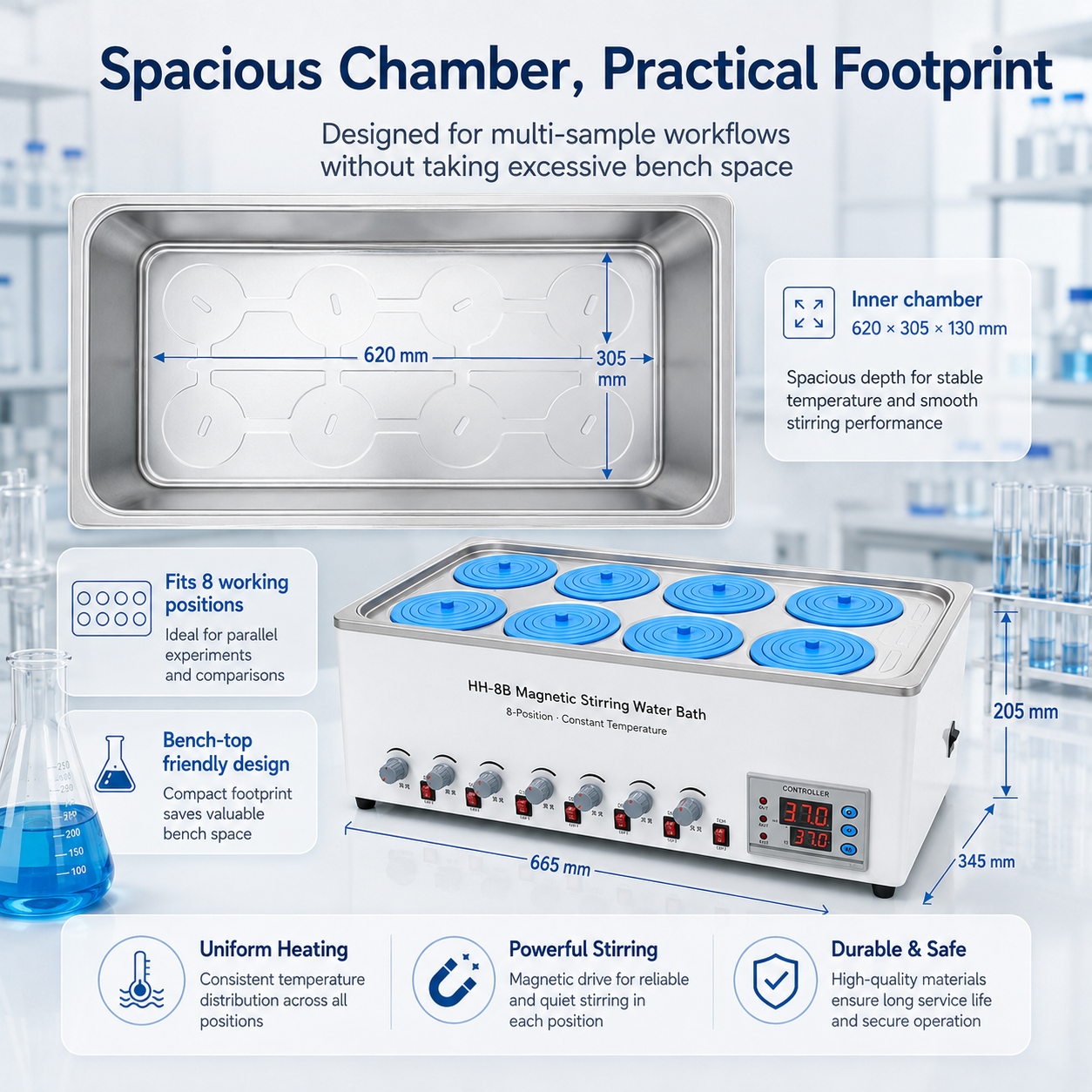 Cenlee OEM 8-Position Magnetic Stirring Water Bath 100°C 1500W for Laboratory Sample Mixing Chemical Research