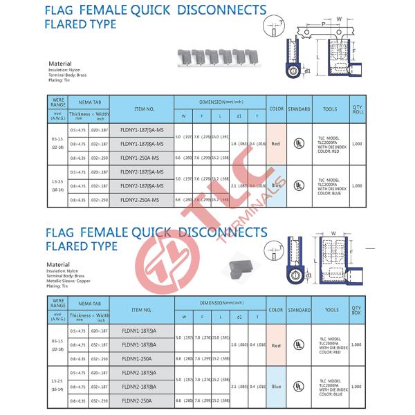 Flag Female Quick Disconnects Cable Lug For Industrial Connection Insulated And Non Insulated