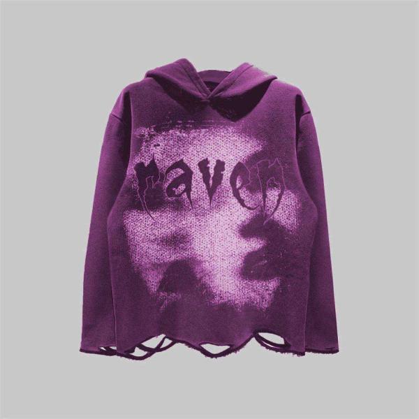 Cotton Fabric Unisex Distressed Hoodie Screen Print French Terry Pullover