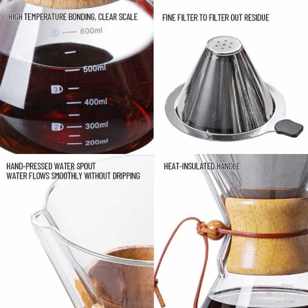 B2B 400 ml de vidrio personalizado vertido sobre la cervecera de caféFiltro de acero inoxidable y manga de maderaCamping cervecera