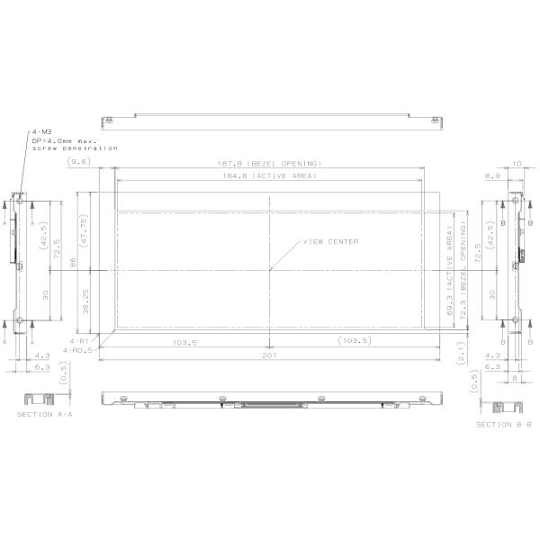 7.8 Inch Long Horizontal LCD Display Screen 800 * 300 LVDS Interface