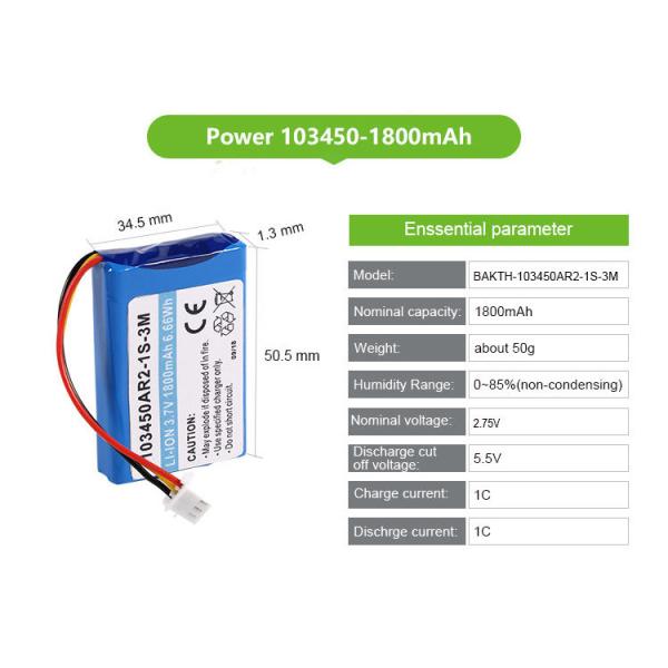Rechargeable 103450AR 3.7V 1800mAh Lithium Ion Battery Pack for Consumer Electronics