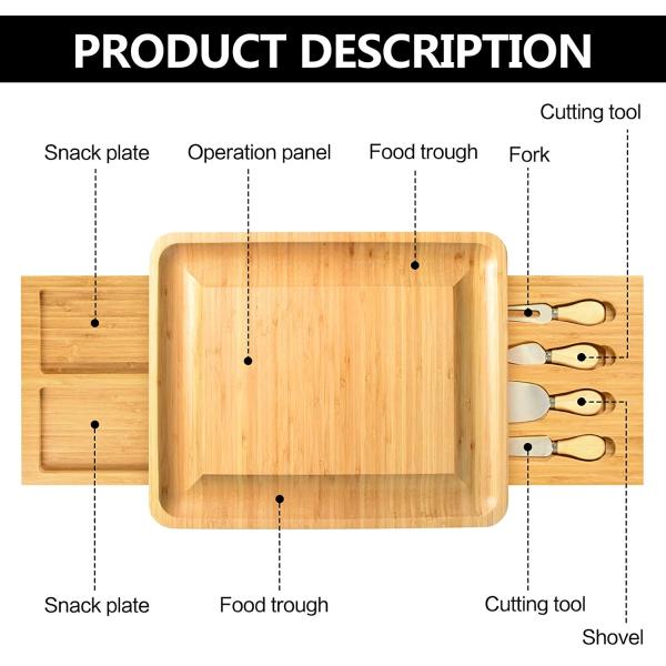 Double Side Wooden Serving Tray Bamboo Cheese Board Hidden Drawer Cheese Servers