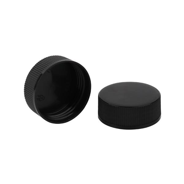 32/400 Black Ribbed Plastic Screw On Cap Sealed Rotating Cap For Cosmetic Packaging
