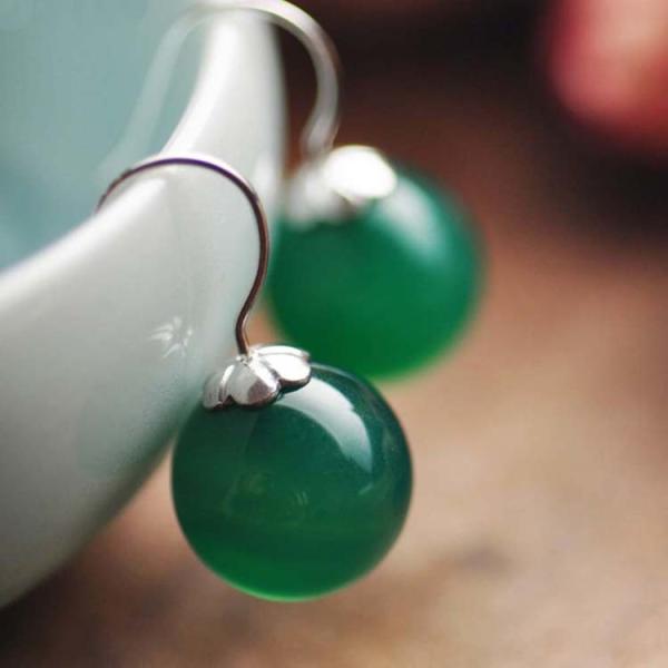 925 Sterling Silver Green Onyx Bead Dangle Earrings(011634GREEN)