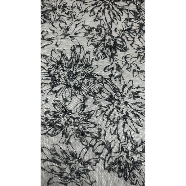 Black Mesh Sequin Embroidered Lace Fabric Breathe Embroiedered Special Design for Gowns