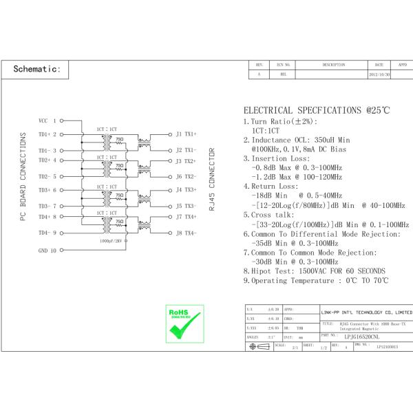 XRJH-01F-0-H32-070-EXM Single Port RJ45 Jack LPJG16520CNL Electrical Design