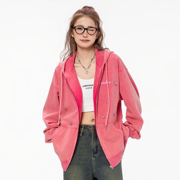 Vintage Acid Wash Cotton Oversized Zipper Hoodie Custom Sleeve Style for Women Girls