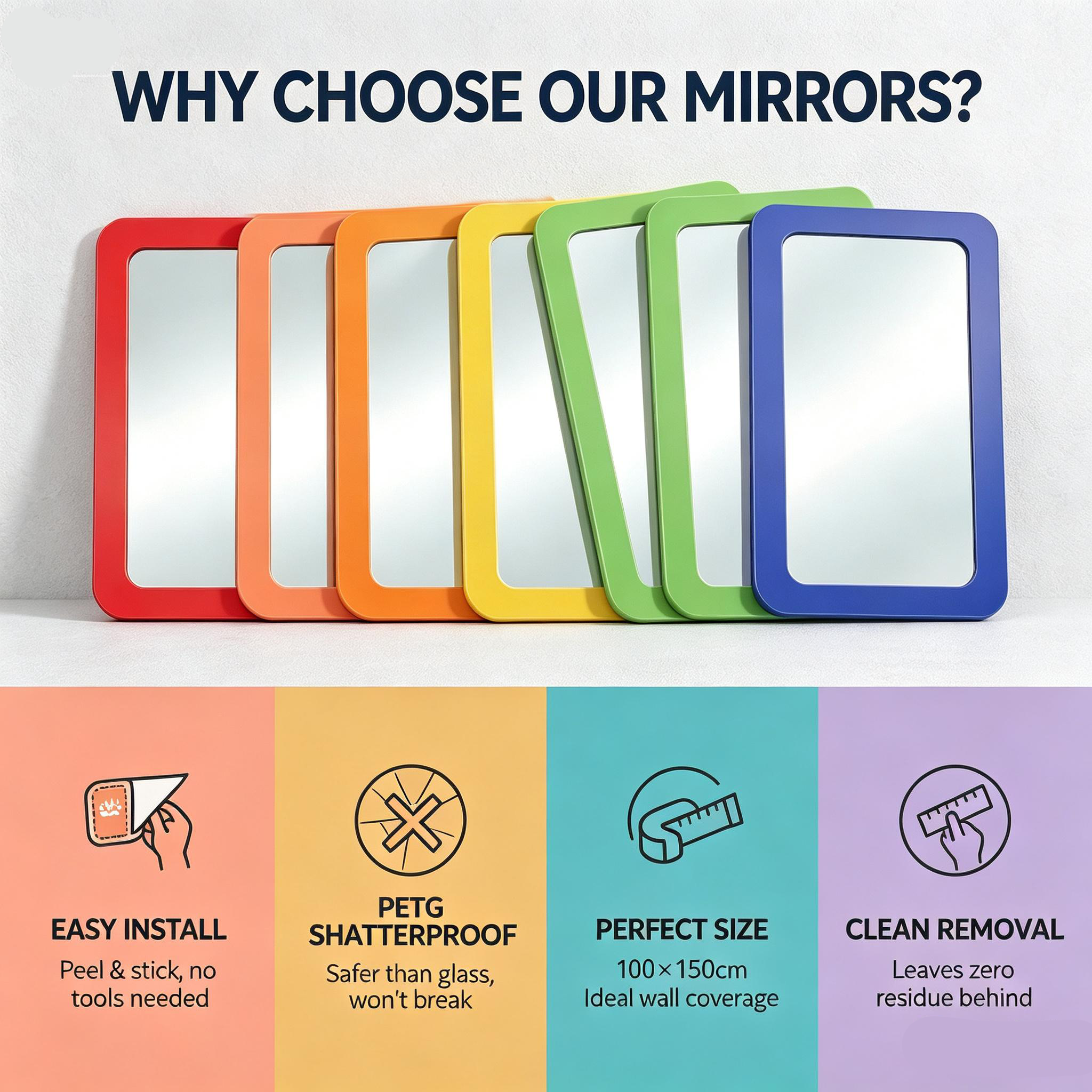Wholesale Colorful Rounded Rectangle Self Adhesive PETG Decor Mirror Removable Wall Mirror Stickers For Kids Room Apartment Rental House Kindergarten Wall Decoration