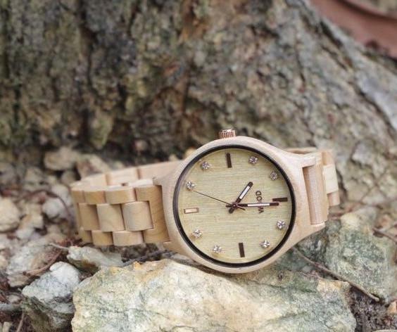 Bamboo Ebony Wooden Wrist Watch With Wood Diamond Dial White