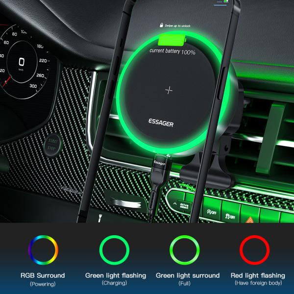 Essager 2022 Ferris Wheel 15W Wireless Charging RGB Ambient Light 360 Rotational Car Charger Holder For Car