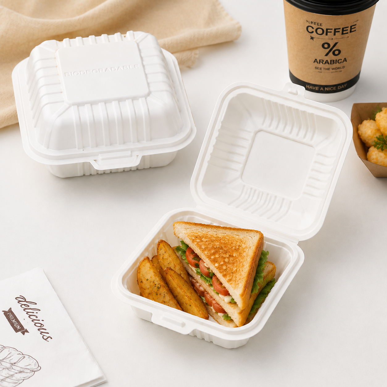 LB-05 White Square Clamshell Takeout Containers for Snacks / Light Meals