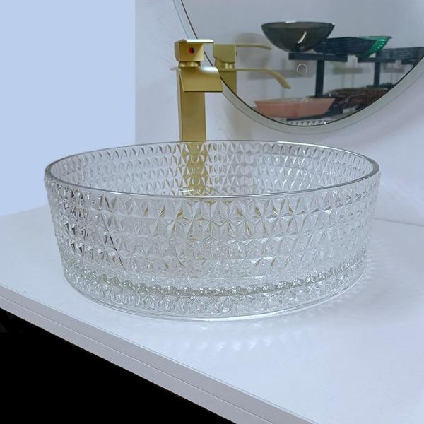 10 Inch Glass Wash Basin Free Standing Artistic Glass Vessel Bowl With Silver Edge