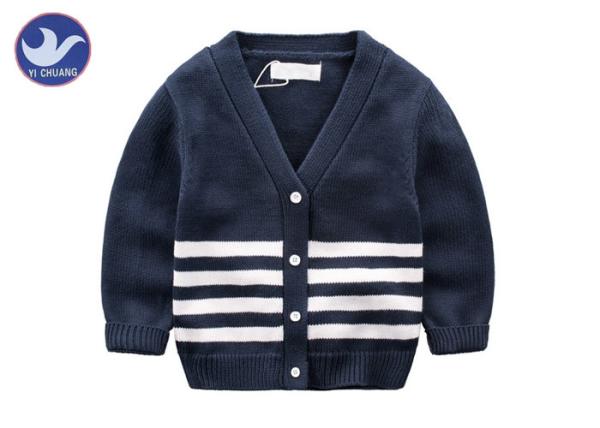 Children Stripes V Neck Boys Cardigan Sweater Long Sleeves Navy Color OEM