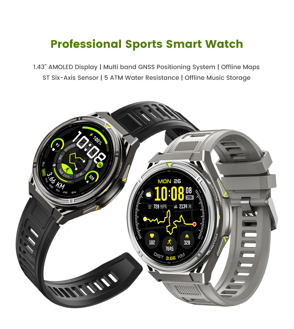 SHUANXIANG Smart Watch X2 PRO 5 ATM Waterproof HD AMOLED Display Barometer Altimeter Compass Heart Rate Monitor 100+ Fitness