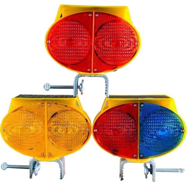 ROADSAFE JSD11 Dual-Color Red/Blue Flashing LED Solar Traffic Warning Lamp – Double-Sided Safety Barricade Light for Traffic Cone