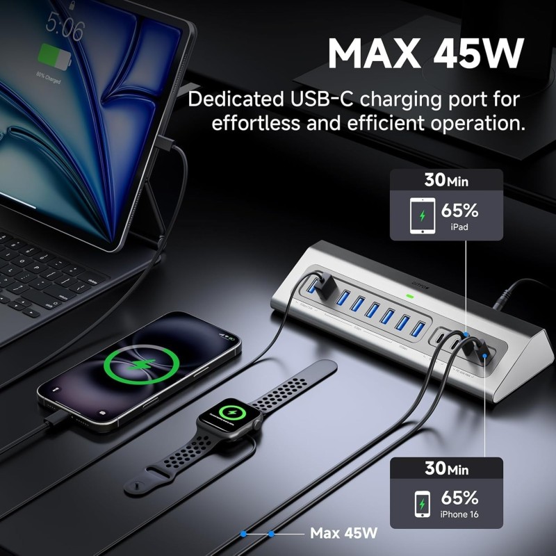 13-in-1 USB C Hub with 10Gbps Ultra-Fast Data Transfer and 65W Dedicated DC Power