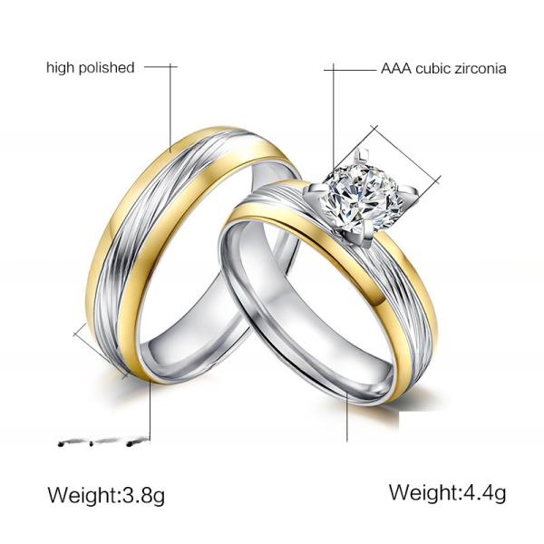 Couple Stainless Steel Wedding Band Set Yellow Gold Filled Round CZ for Women Men