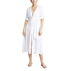                  Fashion Ladies Short Sleeve Crepe Viscose V Neck Shirt Cover up MIDI Dress for Women             