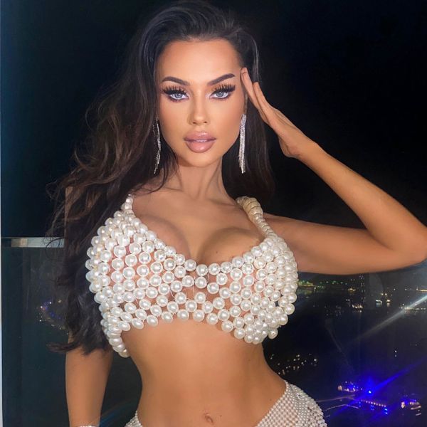 Outfit Spice Girl Vest Wholesale Price Pearl Retro 2025 Europe and America Sexy Suspender Nightclub Party Skirt White Geometric