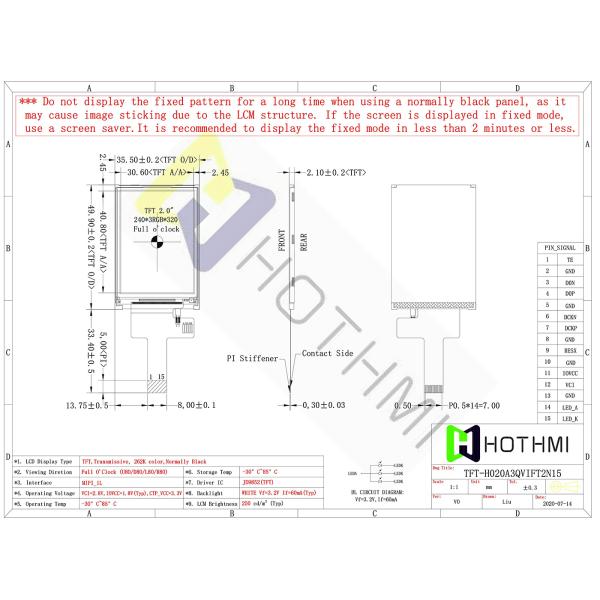 Highlight 2.7 Inch 320x320 Readable Sunlight TFT Display Panel For Industrial Control