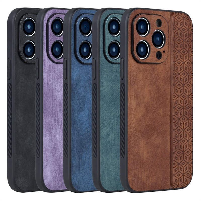 Solid Wood Texture PC + Leatherette Retro Geometric Mobile Phone Case for iPhone 11 12 13 14 15 Pro Max Plus Old Fashion Style