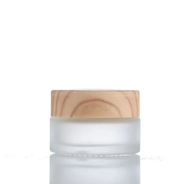 5g 10g 15g 30g 50g Empty Frosted Glass Cream Jars Refillable Cosmetic Natural Wood Leak-proof Travel Storage Containers for Eye Cream Face Mask Skincare