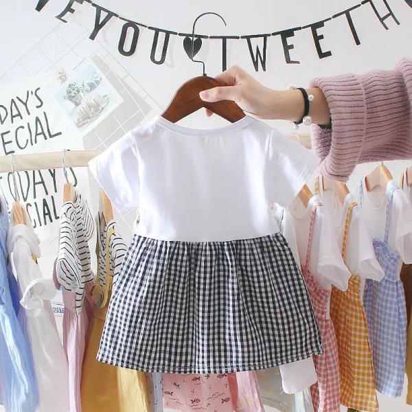 Black White Plaid Children'S Dress Clothing Round Neck Short Sleeve Dress With Bowknot